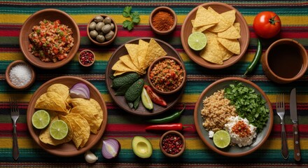 Full Mexican Food Feast with Tacos, Nachos, Salsa, and Fresh Ingredients - Vibrant and Authentic Spread