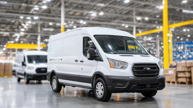 A side angle view of gleaming white commercial vans parked bumper-to-bumper in a spacious, well-lit warehouse bay.