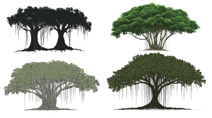 Banyan tree silhouette white background vector illustration, sacred fig tree with aerial roots and wide canopy, black isolated graphic design for logos, posters, and nature themes.