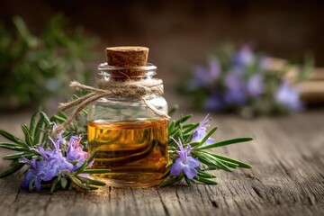 Amber essential oil in a small glass bottle with a cork stopper, nestled amongst sprigs of rosemary and its vibrant purple flowers on a rustic wooden surface