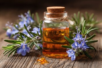 Amber essential oil in a small glass bottle with a cork stopper, nestled amongst sprigs of rosemary with vibrant blue flowers, rests on a rustic wooden surface. A single drop of oil is visible nearby