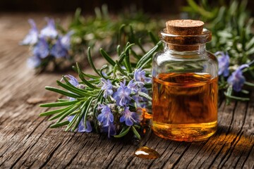 Amber essential oil in a small glass bottle with a cork stopper rests on a rustic wooden surface next to sprigs of rosemary with delicate purple flowers.  A single drop of oil spills nearby