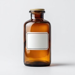 Amber glass apothecary bottle with blank label, wood-toned cap, on white background
