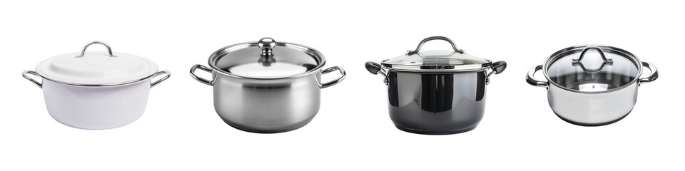 Different stainless steel cooking pots with lids presented on transparent background generative ai