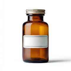 Amber glass apothecary jar with a silver lid and blank rectangular label, isolated on white