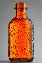 Amber glass bottle, condensation, small, rounded, slightly curved shape, reflecting light, droplets, studio shot, cool, refreshing