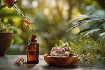 Amber glass bottle of essential oil being filled via dropper, surrounded by sprigs of flowering herbs on a rustic surface, outdoors in a sunlit garden