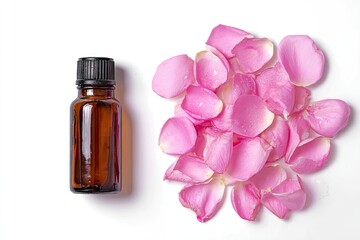 Amber glass bottle of essential oil beside a pile of delicate pink rose petals on a white background