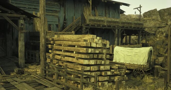 Weathered wooden buildings and stacked timber highlight an abandoned mining town setting. The area features an old wagon and rocky terrain, evoking a sense of history and nostalgia.