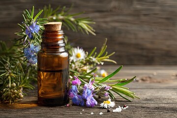 Amber glass bottle of essential oil sits amongst sprigs of rosemary and delicate wildflowers on a rustic wooden surface