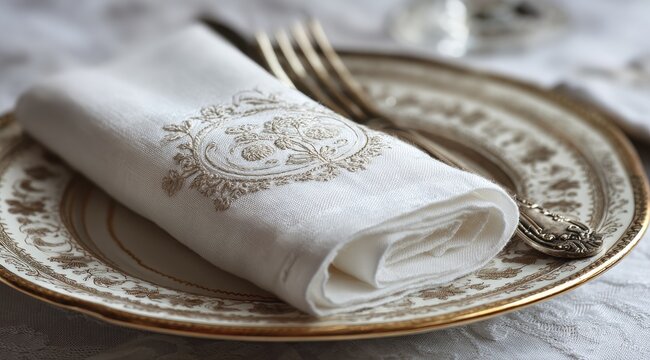 Elegant off-white linen napkin with embroidered floral motif, neatly folded on an ornate, gold-rimmed plate, beside silverware - Powered by Adobe