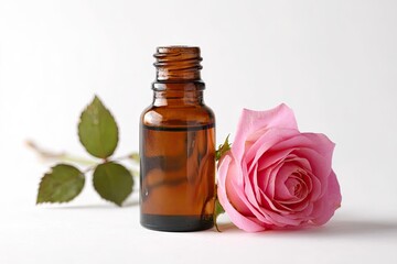 Amber glass bottle of rose essential oil rests beside a single pink rose and stem on a white background