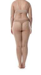 Liposuction. Woman in underwear on white background, back view