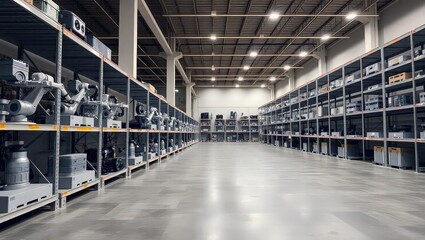 Fototapeta premium Warehouse interior with metal shelves holding robotic arms and electronic equipment in neat rows