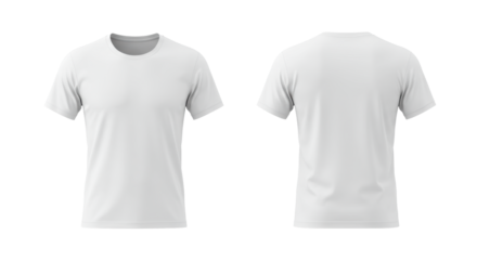 Two identical, perfectly pressed, plain white t-shirts (front & back) flat-laid on a transparent, shadowless background with ample copy space. Concept for product mock-up and branding