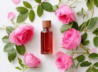 Amber glass bottle of rose oil encircled by pink roses and green leaves on a white background