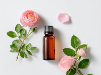 Amber glass bottle of rose essential oil sits atop a white background, surrounded by delicate pink rose blossoms and sprigs of vibrant green foliage; petals scattered nearby