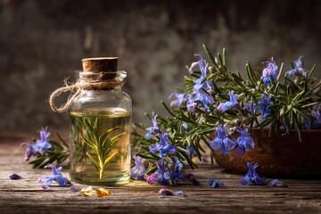 Amber glass bottle of rosemary essential oil with sprigs of blooming rosemary in a rustic wooden bowl on a weathered wood surface