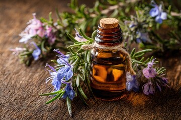 Amber glass bottle of rosemary essential oil rests on dark wood, surrounded by sprigs of rosemary with vibrant purple and blue flowers