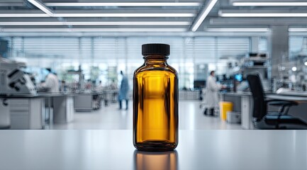 Amber glass bottle on lab bench, blurred scientists and high-tech equipment in background; sterile, modern setting