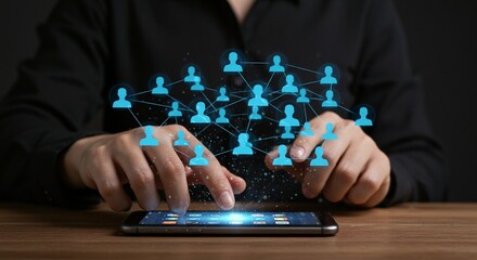 Person uses social media app with avatars connected to each other to represent networking and global connection.
