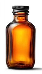 Amber glass bottle, rectangular shape, black metal screw-top cap, studio shot on white background, slightly curved sides, empty, shows light reflection