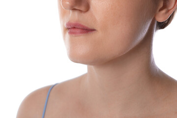 Closeup view of woman on white background