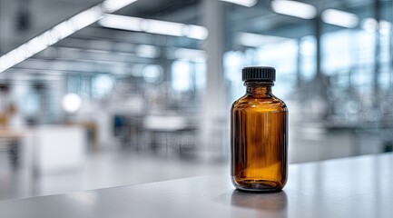 Amber glass bottle sits on a lab bench in a blurred sterile laboratory setting