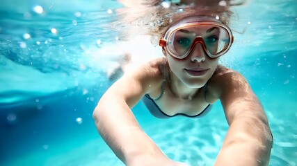 A woman swims underwater in a clear blue pool, her face partially obscured by a snorkel mask. The sunlight filters through the water.