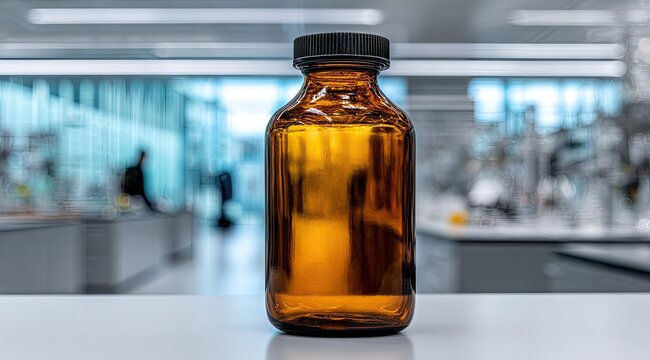 Amber glass bottle sits on a lab bench, blurred lab background