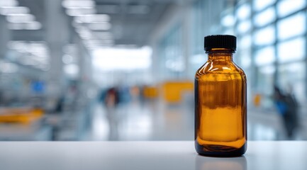 Amber glass bottle sits on a white surface against a blurred industrial background of a factory or laboratory