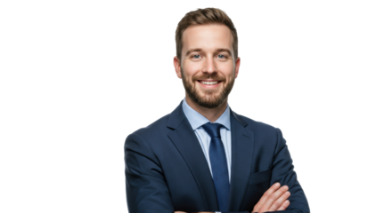 Young caucasian businessman, early 30s, dark blue suit, light blue shirt, confident smile, arms crossed, transparent studio background with copy space, concept of professional leadership and success