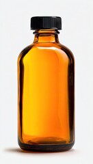 Amber glass bottle with a black cap, short and stout, standing on a white background, unlabeled