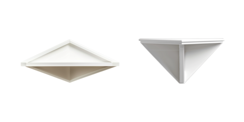 Two views of a triangular floating shelf, contemporary design, clean look