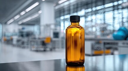 Amber glass bottle sits on a stainless steel surface in a blurred sterile lab setting