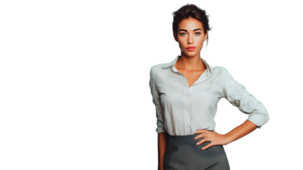 Professional woman in striped shirt with hand on hip posing against a black background looking forward
