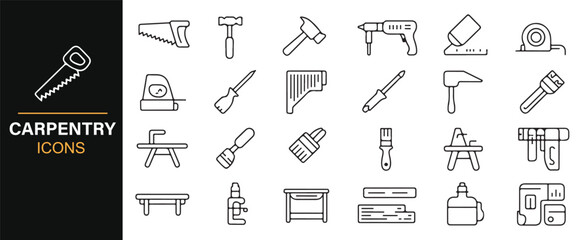 Naklejka premium Collection of Essential Carpentry Tools Icons Including Safety Goggles