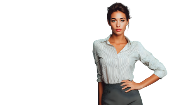 Professional woman in striped shirt with hand on hip posing against a black background looking forward