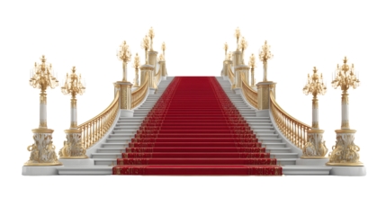 Luxurious grand staircase with red carpet, ornate golden railings, and decorative lamp posts, isolated on white background for royal, ceremonial, and architectural design concepts

