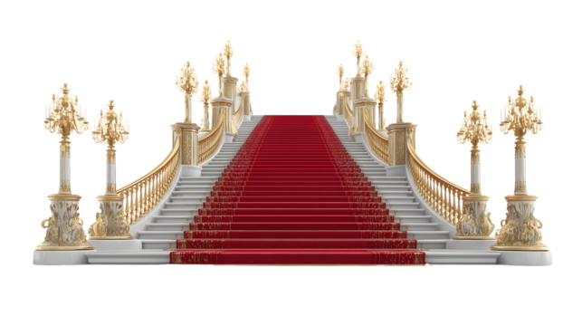 Luxurious grand staircase with red carpet, ornate golden railings, and decorative lamp posts, isolated on white background for royal, ceremonial, and architectural design concepts

