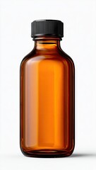 Amber glass bottle with black cap, rectangular shape, smooth surface, empty, studio shot on white background