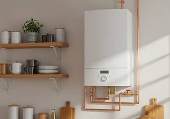 White boiler with copper pipes in a modern home setting