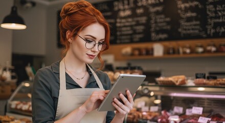 Young redhead woman in apron using a tablet, working in a cafe, business owner, bakery shop employee, technology and food concept