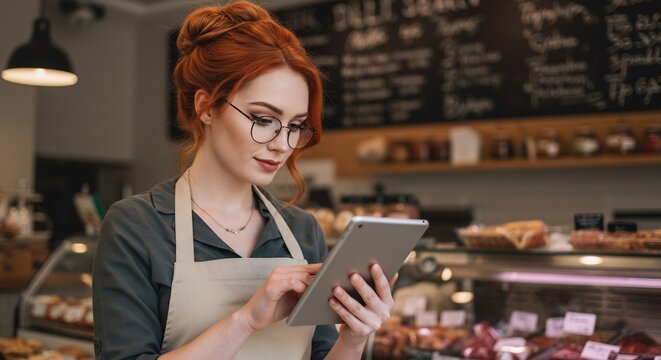 Young redhead woman in apron using a tablet, working in a cafe, business owner, bakery shop employee, technology and food concept