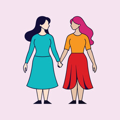 Two women holding hands standing side by side in colorful dresses