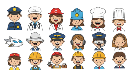 Diverse Cartoon Professionals and Occupations Collection profession occupation career job work people characters illustration drawing vector police officer doctor medical