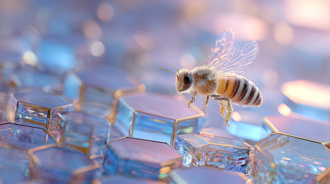 A delicate bumblebee hovering over glowing geometric honeycomb structures with a medicinal aura.