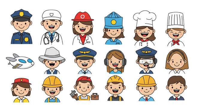 Diverse Cartoon Professionals and Occupations Collection profession occupation career job work people characters illustration drawing vector police officer doctor medical - Powered by Adobe