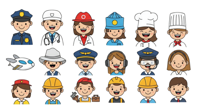Diverse Cartoon Professionals and Occupations Collection profession occupation career job work people characters illustration drawing vector police officer doctor medical - Powered by Adobe