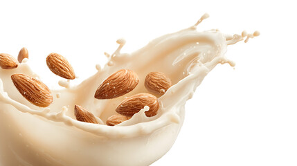 Fresh almonds splashing into creamy almond milk, dynamic motion capture isolated on white background for healthy beverage and dairy alternative concepts

